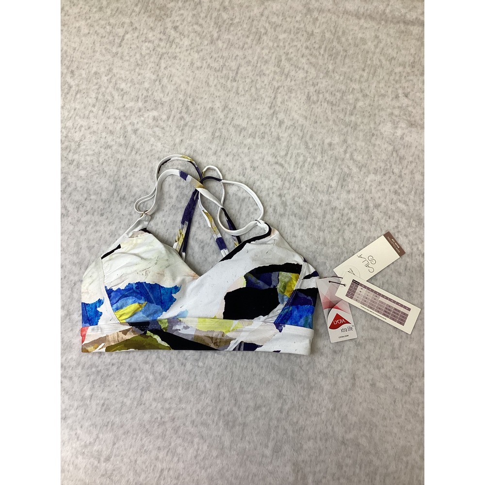 CALIA Strappy Back Ruched Bikini Top Collage Pure White Multi Color Medium NWT